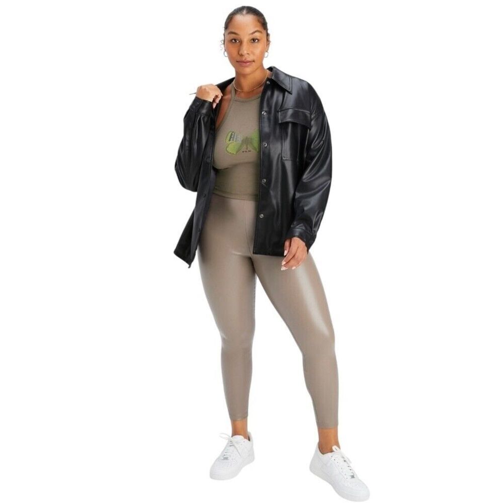 New FABLETICS Vegan Leather Pull-On Stretch Leggings Willow Bark Tan Brown Sz L